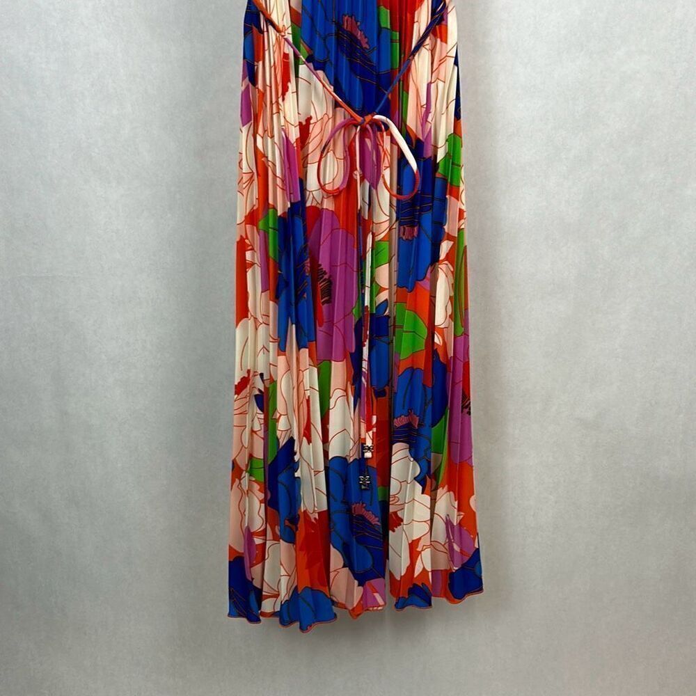 Sam Edelman Pleated Plisse Satin Belted Dress Sz S Multi Water Color Floral Midi - Picture 7 of 8